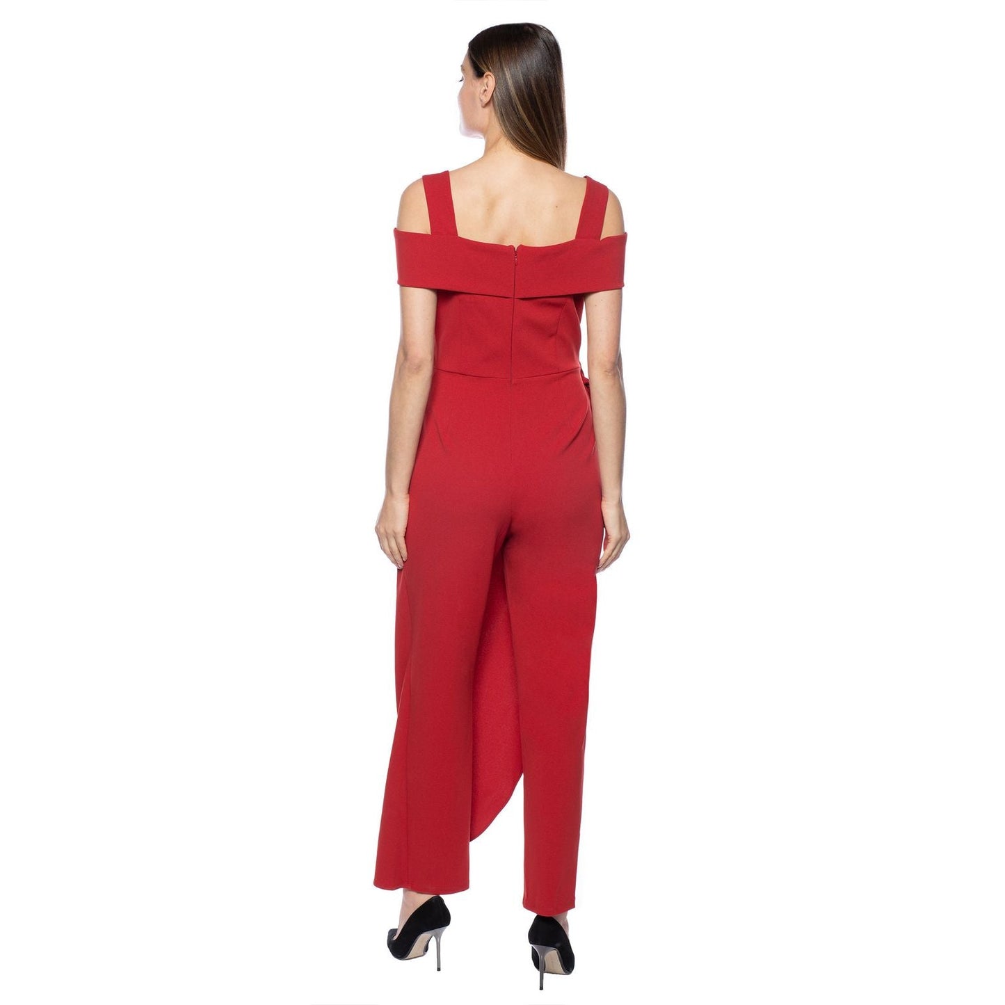 Marina Off Shoulder Tie Side Faux Sarong Overlay Crepe Jumpsuit