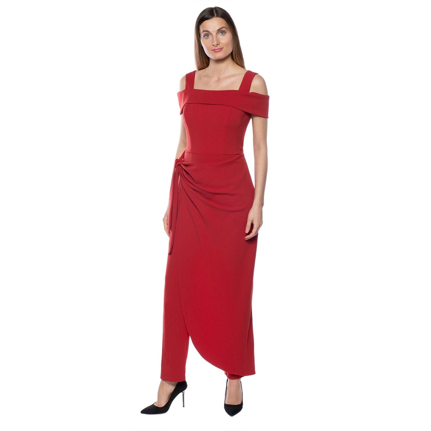 Marina Off Shoulder Tie Side Faux Sarong Overlay Crepe Jumpsuit