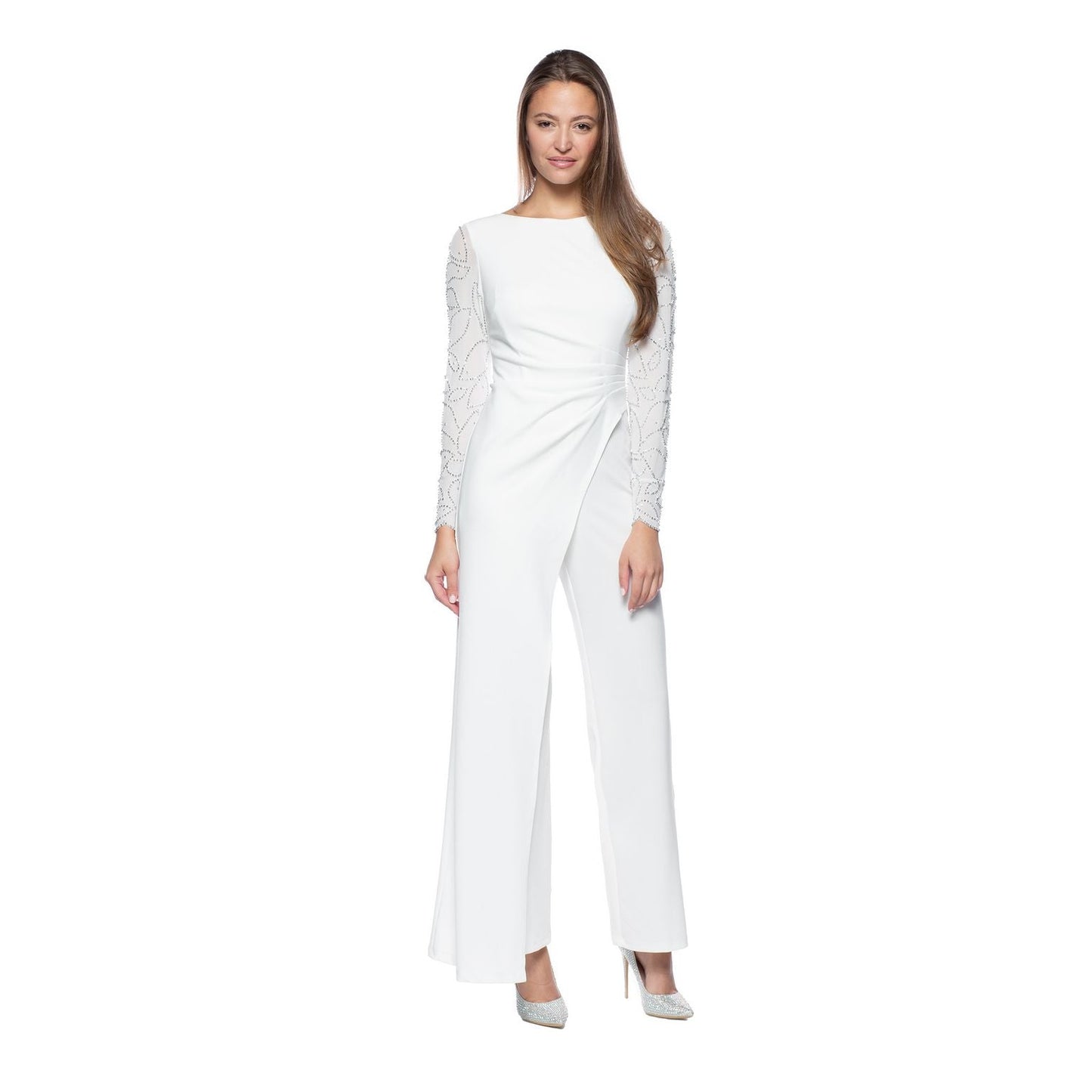 Marina Embellished Long Sleeve Pleated Waist Stretch Crepe Jumpsuit