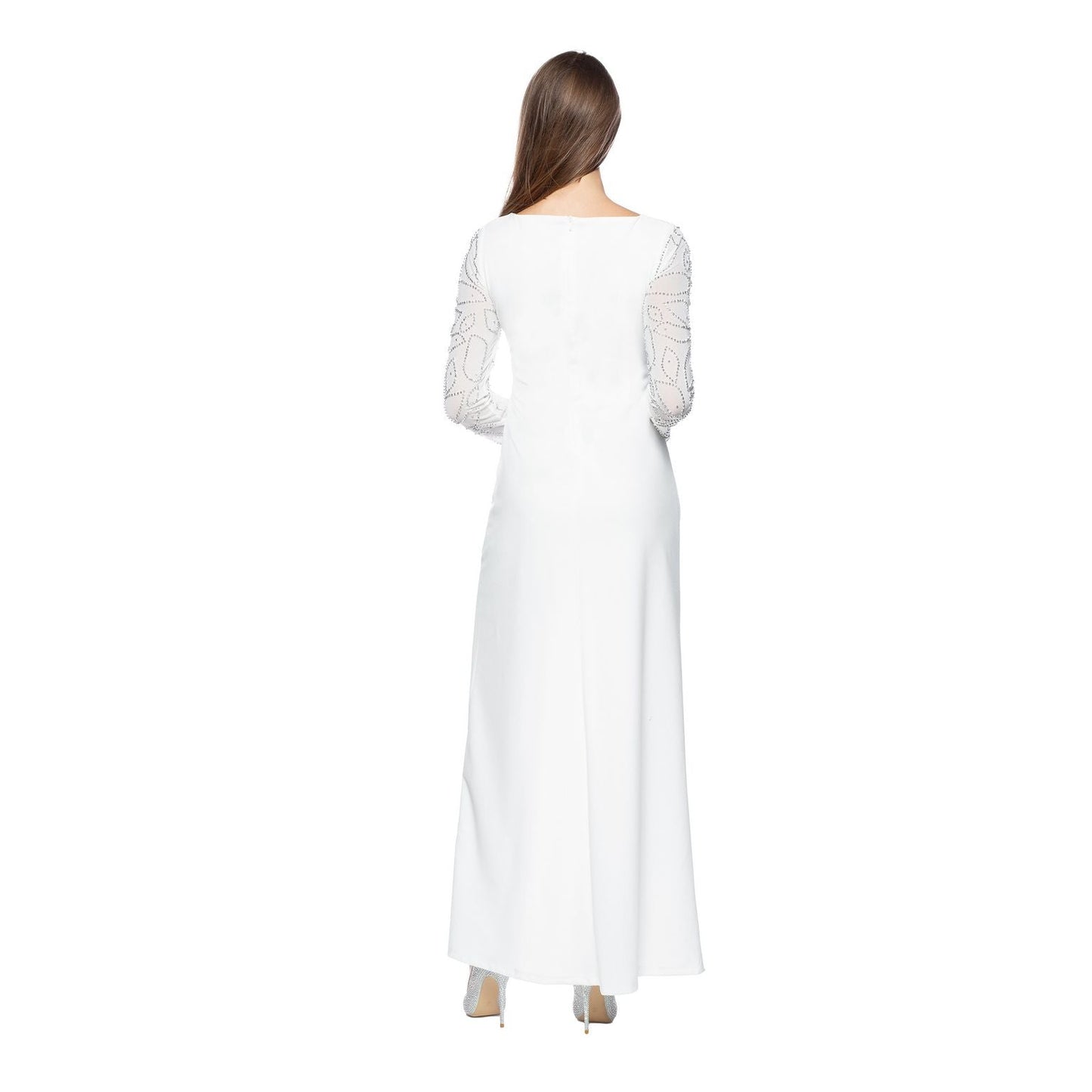 Marina  Embellished Long Sleeve Pleated Waist Stretch Crepe Jumpsuit